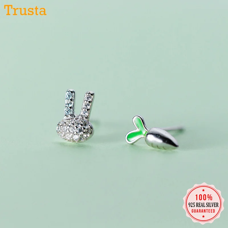 Trustdavis 100% серьги гвоздики из серебра 925 пробы с асимметричным кроликом и редисом