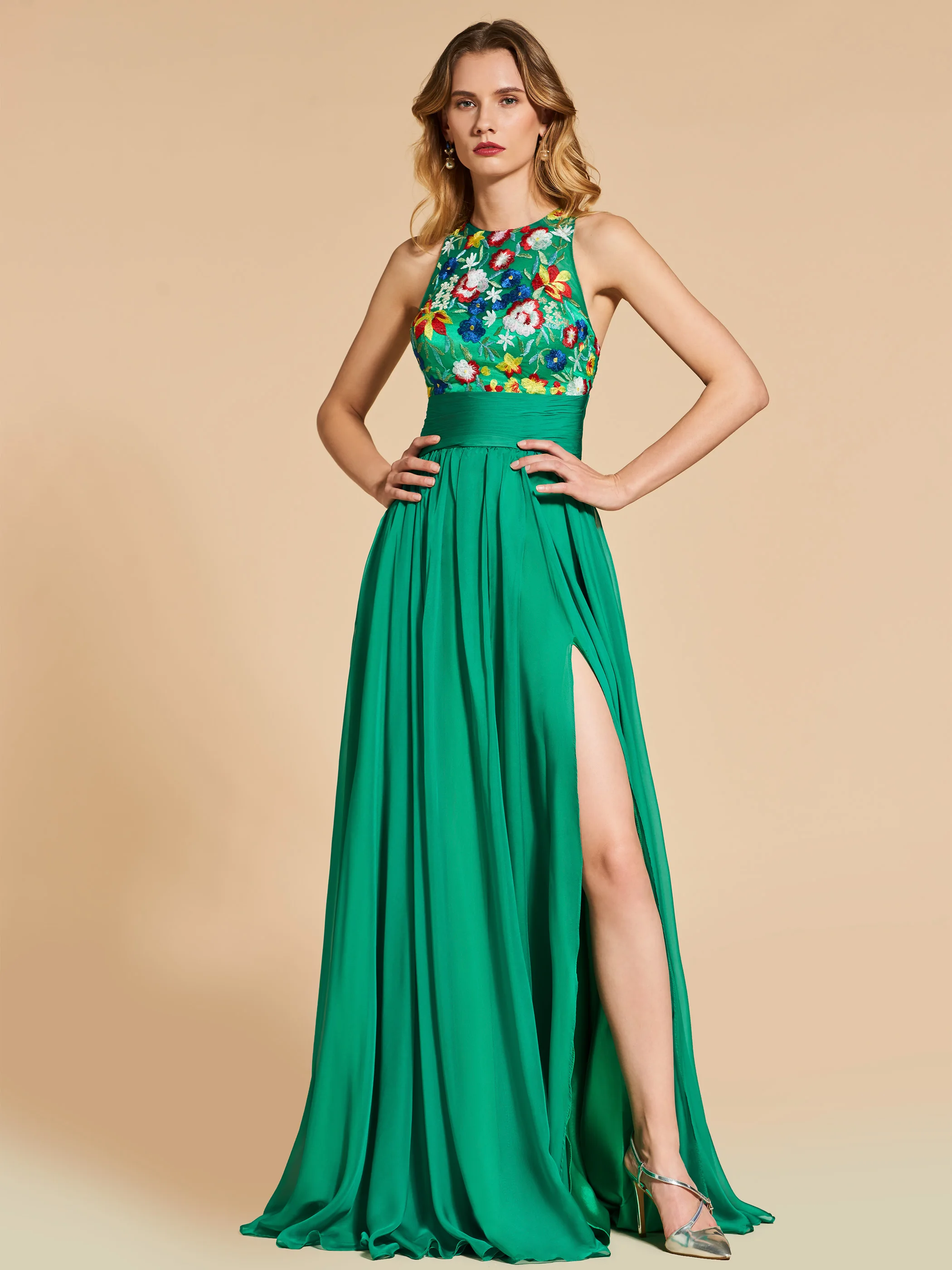 prom gowns A-Line Embroidery Scoop Empire Evening Dress green ball gown