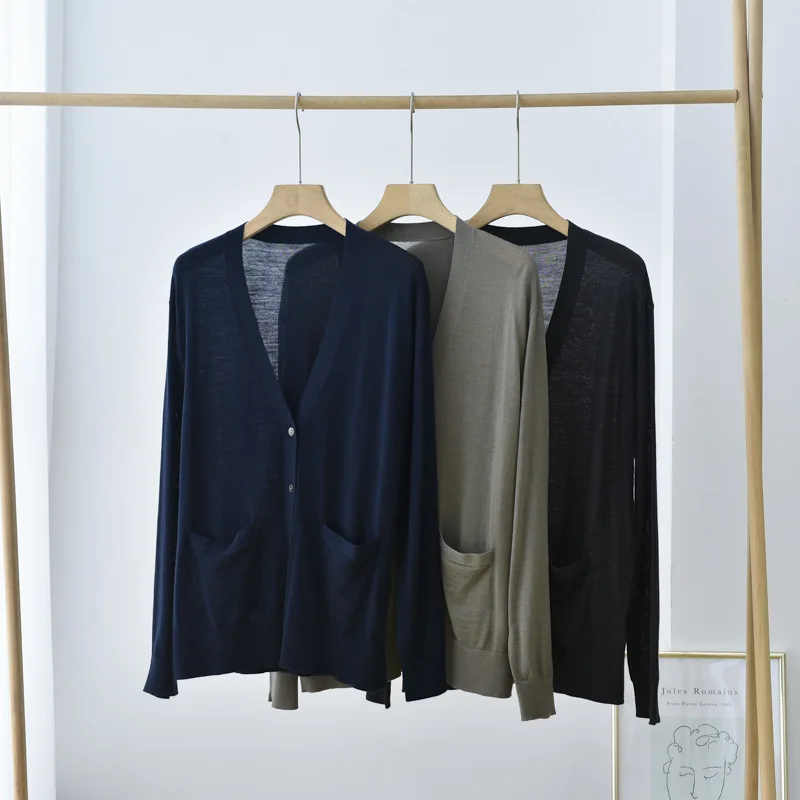 Супертонкий 100% мериносовый шерстяной непринужденный кардиган с карманами |