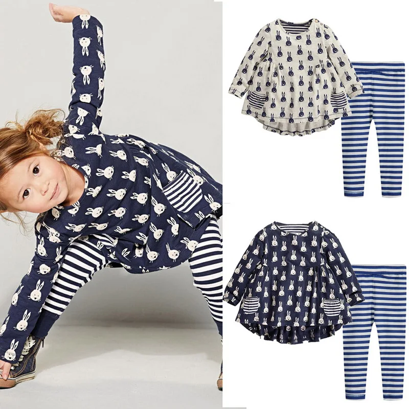 

CYSINCOS 2PCS Children Girls Outfits Rabbit Print Long Sleeve Dress Tops+Stripe Pants Clothes Set With Pocket Clothing