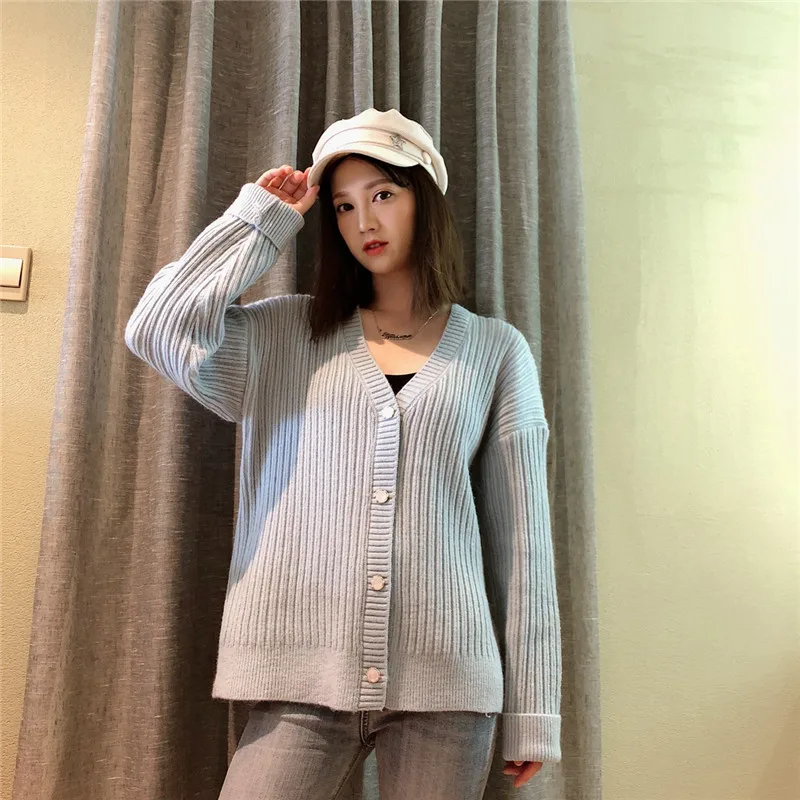 Осенний свитер с длинными рукавами кардиган женский v-образный вырез Сплит вязанный зимний свитер кардиган Повседневный Свободный кардиган пальто 5 цветов