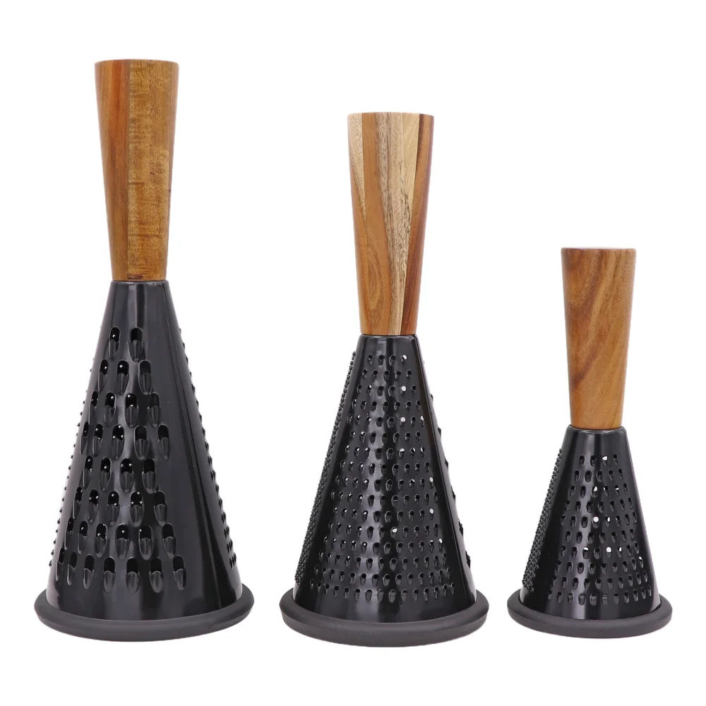 Râpe Conique En Acier Inoxydable Avec Manche En Bois - 3 Tailles De Grilles (grossière, Moyenne, Fine) - Pour Fromage, Légumes, Zeste - Dimensions 25.8x11 Cm - 4