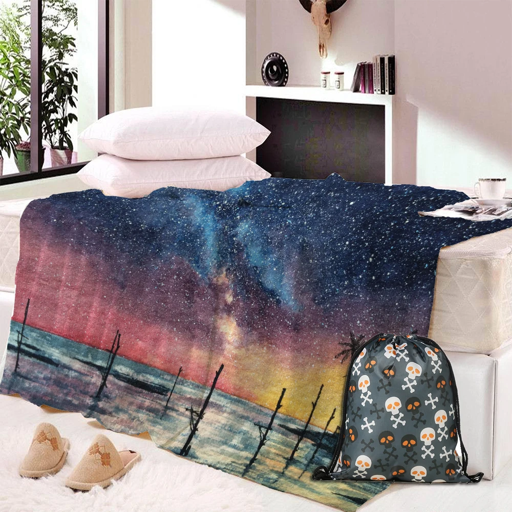 

Night Sky Throw Blanket Through Forest Branches Trees Foggy Sky with Stars Warm Microfiber Blankets for Beds
