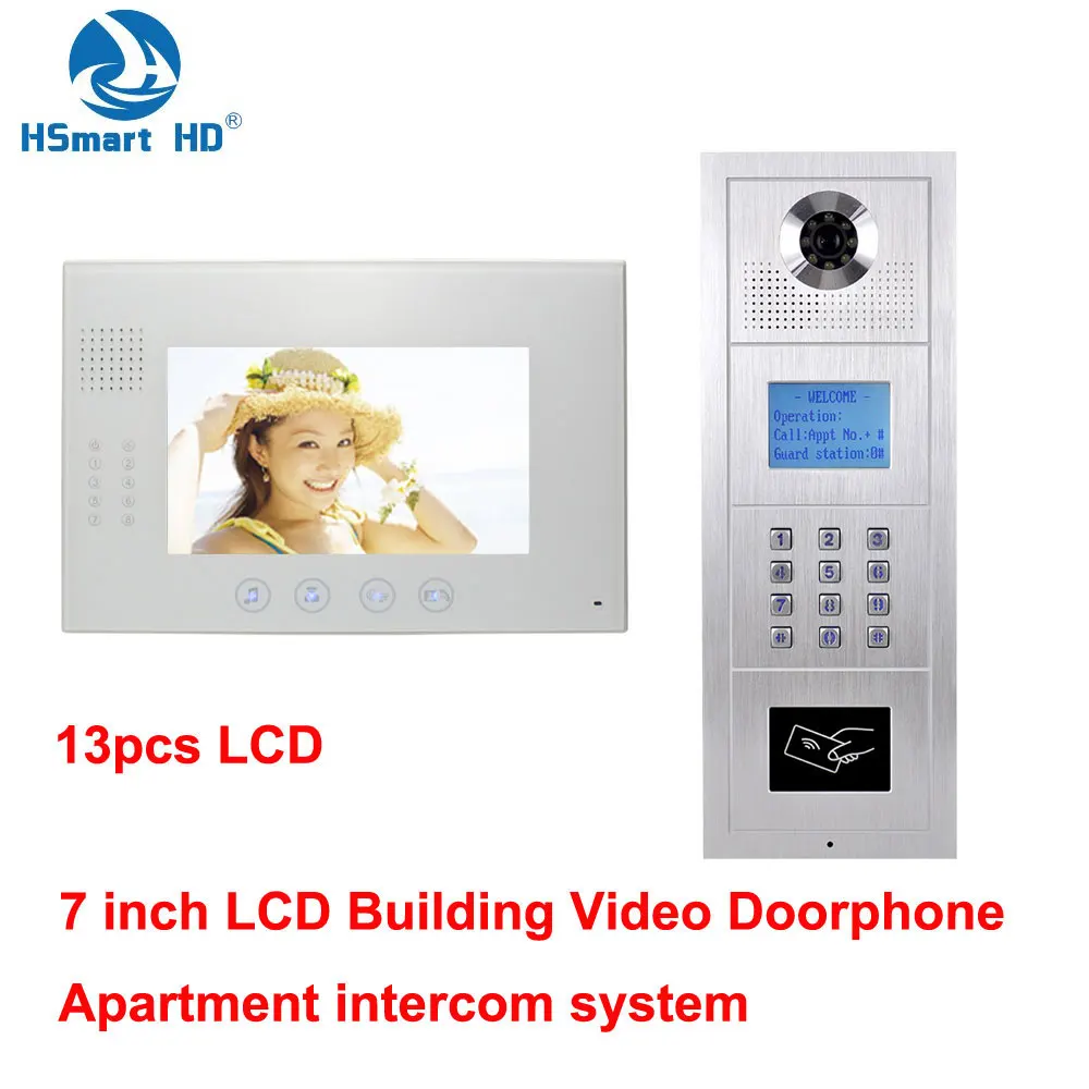 7\ LCD Monitor Building Video Doophone Alloy Color HD IP55 Outdoor Camera 13 unit Digital Multi-Apartment Intercom System RFID