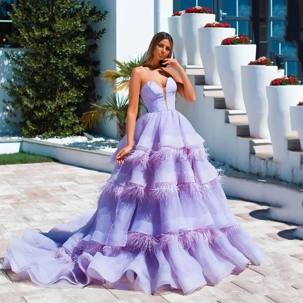 

BridalAffair Lavender A Line Prom Dress V Neck Tiered Organza Evening Dress With Feather Ruffles Edge Zipper Back Party Dress