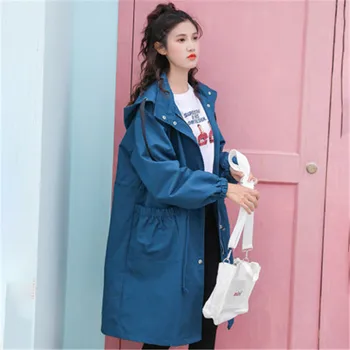 

2020 New Fashion Windbreaker Women Spring Autumn Long Trench Coat Korean Chic Tooling Hooded Drawstring British Female Tops X385