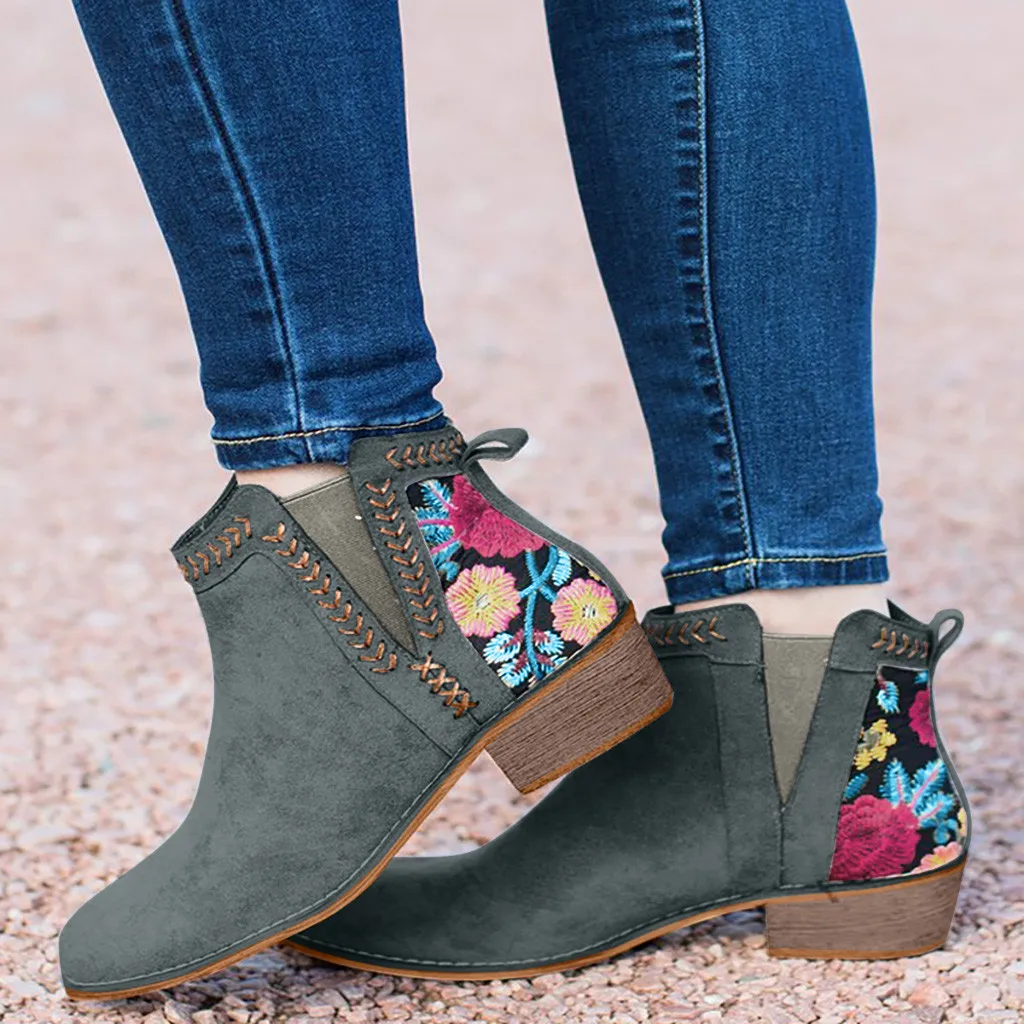 Shoes Women Autumn Winter Boots Women Casual Booties Rome Large Size Embroider Flower Square Heels Short Boots Shoes