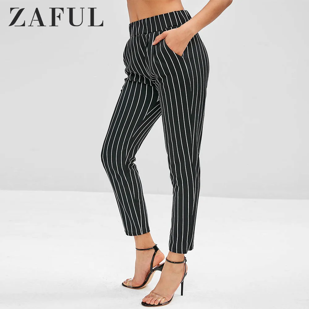 

ZAFUL Elastic Waist Striped Pants With Pockets Mid Waist Elastic Office Lady Long Pencil Pants Women Trousers Tunic Bottom Femme