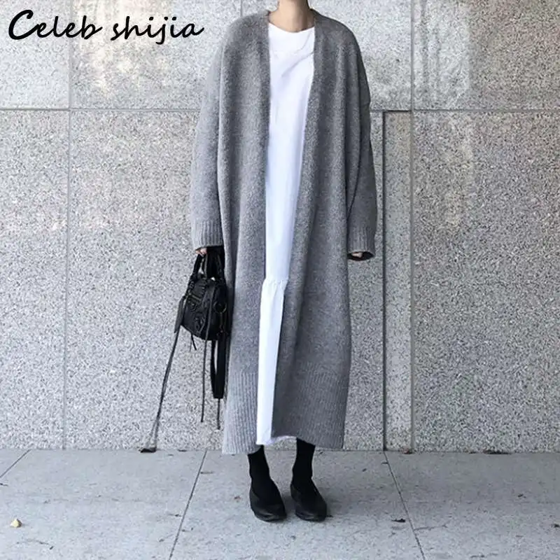 SHIJIA Harajuku Long Cardigan Women Sweater Gray Autumn Winter 2021 Full Sleeve Oversized Knitted Femal Fall Coat |