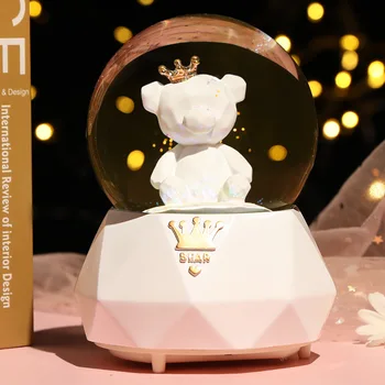 

Romantic Couple Flamingo Bear Crystal Ball Crown Bear Music Box Automatic Snowing with Snowflakes Night Light Snow Globes Ball