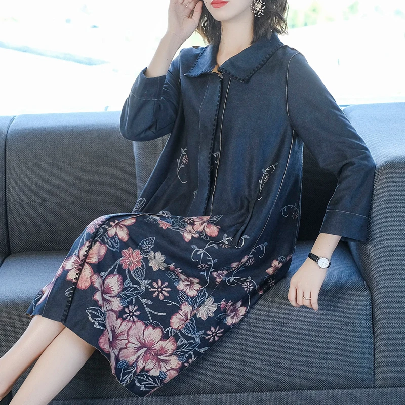 Fashion Middle-aged Women Dress Printed Trench Coat Middle-aged WOMEN'S Dress Autumn Clothing Middle-aged Elegant Nobility Suede