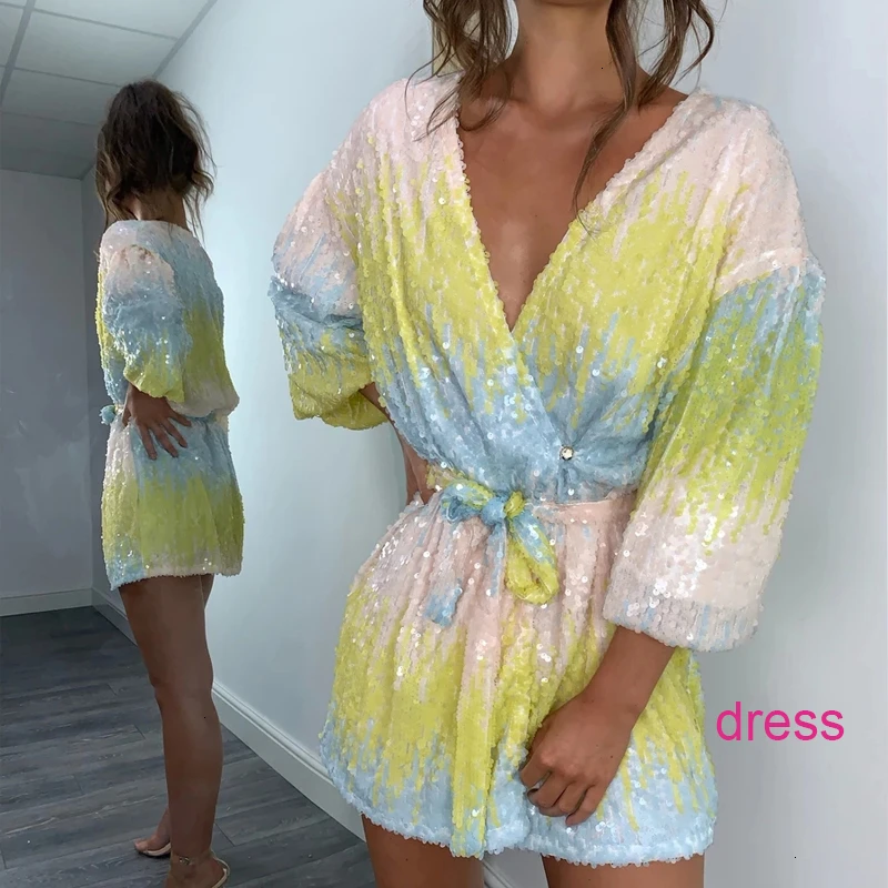 Цвет: желтый Dressmecb, летнее сексуальное женское платье с глубоким v-образным вырезом, осень, с блестками, с длинным рукавом, мини платье, новинка, для офиса, для девушек, элегантное, общее, вечерние, платье - Цвет: Цвет: желтый