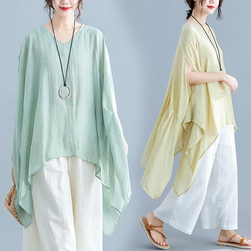 

2019 Summer Korean-style Literature And Art Cotton Linen Solid Color Half-sleeve Shirt Shirt Fat Mm Slimming Crew Neck Irregular