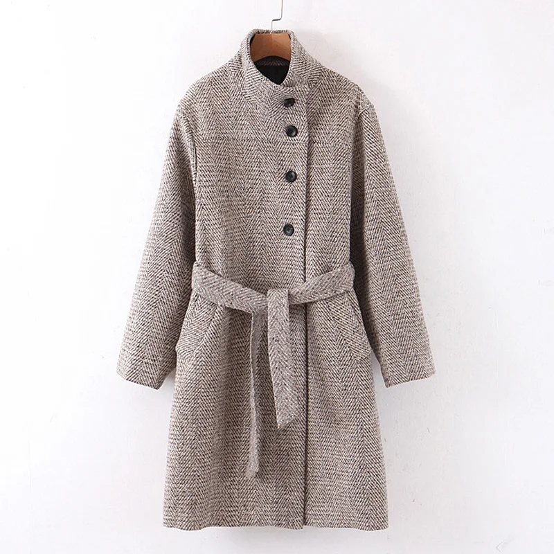 ZOEPO шерстяное пальто с поясом на талии, женские модные куртки со стоячим воротником, женские элегантные однобортные пальто с карманами для женщин