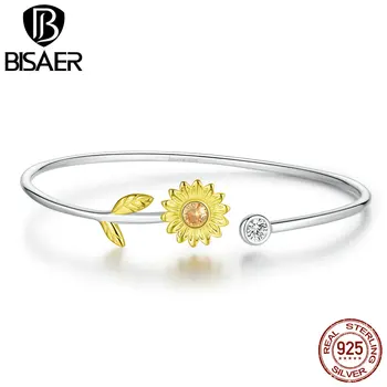 

BISAER Real 925 Sterling Silver Daisy Flower Bracelets Adjustable Chain Link Yellow Enamel CZ Bracelet For Women Jewelry GAB045