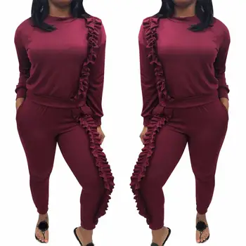 

2019 Autumn Women's Ruffle Sexy Jumpsuits Long Sleeve Solid Jumpsuit Casual Two Piece Set Outfits