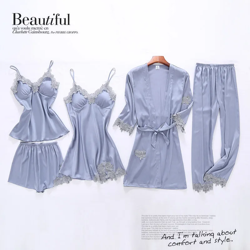 

Satin Explosion Five Pieces Pajamas Women's Summer Viscose 5 Pieces Model Silk Camisole-Spring And Autumn Days Home Wear