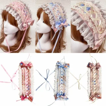 

Sweet Girls Lolita Hairband Lace Floral Print Bow-Knot Headwear Wedding Bride Costume Headband Cute Headscarf Hairwrap For Women