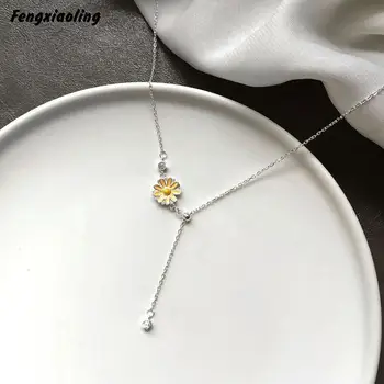 

Fengxiaoling 100% Genuine 925 Sterling Silver Freshness Beauty Golden Chrysanthemum Mini Zircon Pendant Necklaces For Women