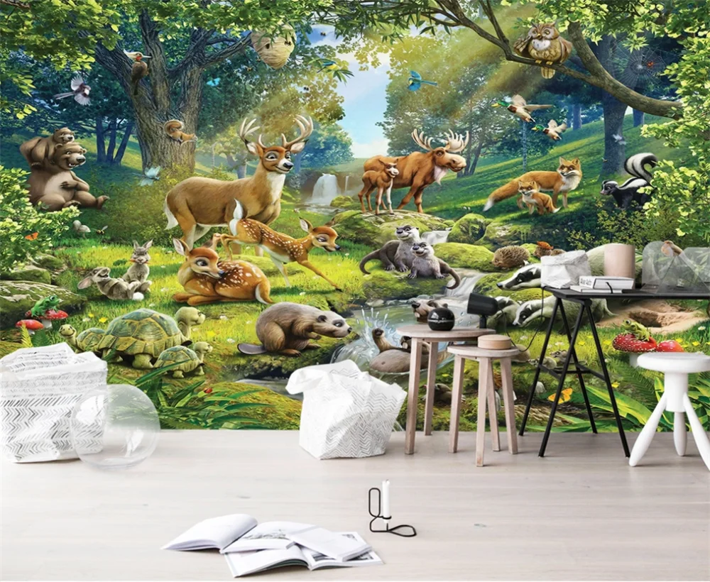 

Custom 3D Wallpaper Animal World Elk Otter Rabbit Tortoise Children's Room Mural Bedroom Living Room Sofa Background Wall