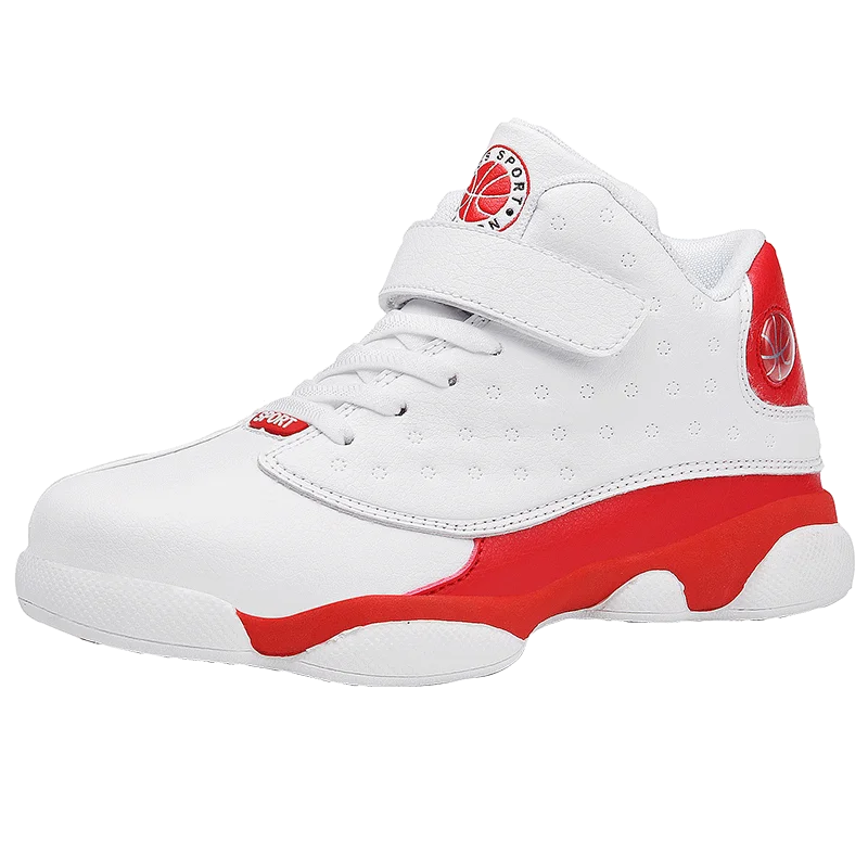 Студенческие кроссовки с высоким берцем, Баскетбольная обувь, детский амортизирующий светильник, баскетбольные кроссовки, противоскользящие дышащие уличные спортивные кроссовки - Цвет: white-red