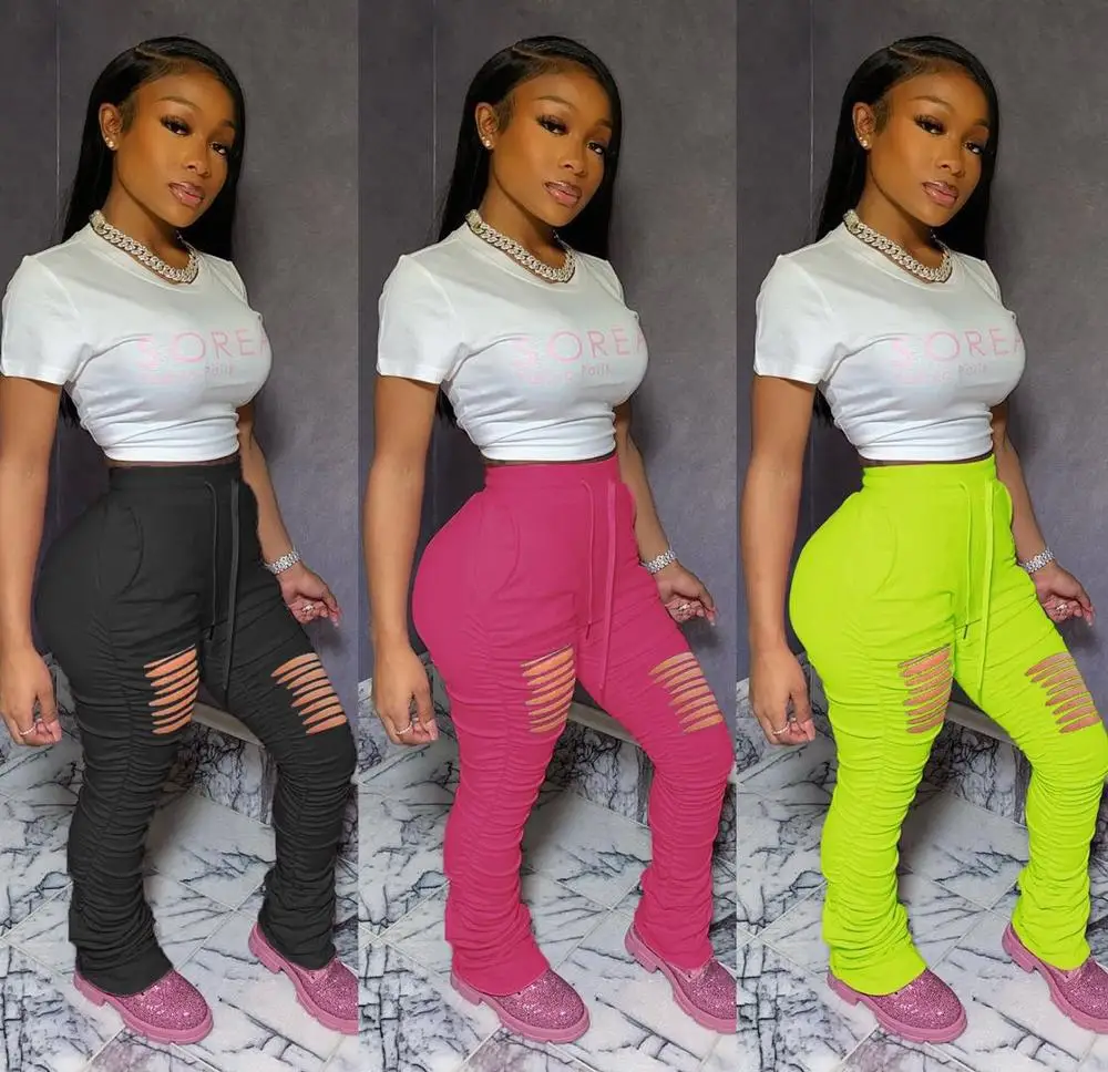 

High Waist Sweatpants Women Joggers 2020 Elastic Summer pocket Stacked Leggings Bell Bottom Trouser Split Hem Flare Ruched Pant