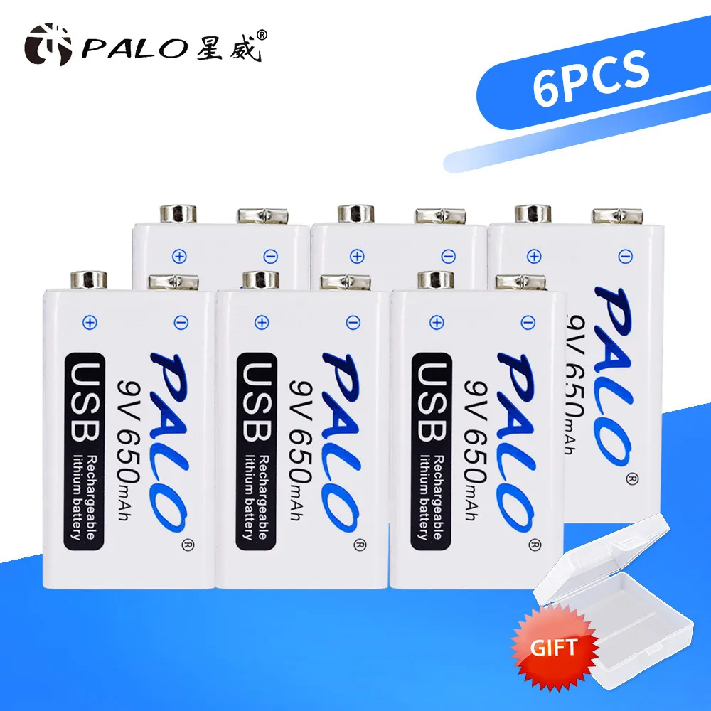 

PALO 6pcs USB 9V 6F22 650mAh Rechargeable Battery 9 volt fast charging lithium li-ion li ion liion batteries
