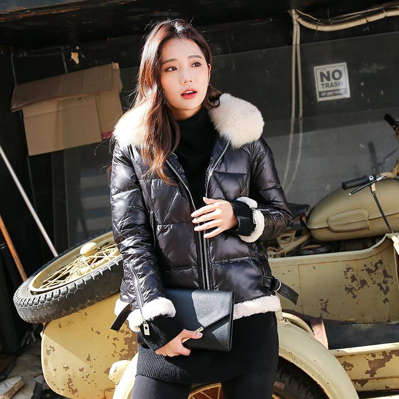 

Fashion Winter Down Jacket Women Large Fur Collar Slim Down Coat Female Warm Parka Ladies Elegant Outwear Coat Hiver 1902