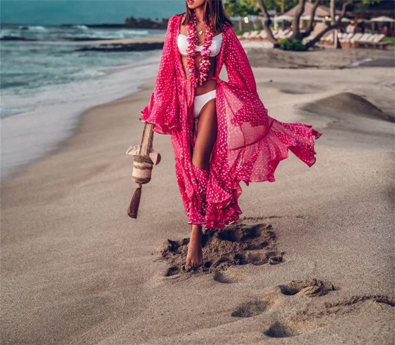 Oversize Chiffon Bikini Cover up Beach Cover-up for Women Pareo Tunic Bathing suit ups Summer Long Dress | Женская одежда