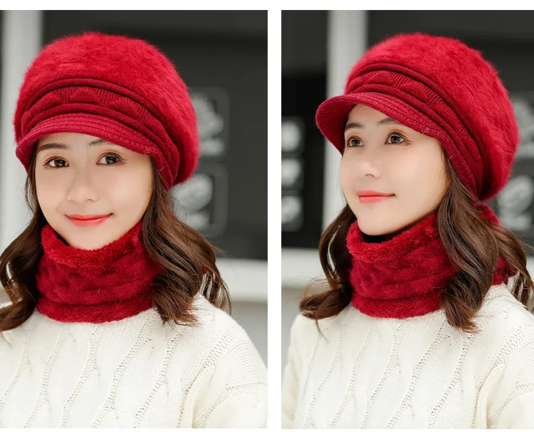windproof lady hat winter plush velvet thick scarf cap mother warm beanies outdoor faux rabbit fur hat and collar scarf two set