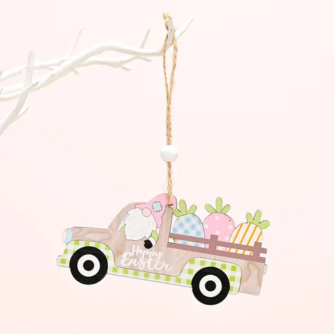 Decoration Eggs Rabbit Carrot Car Wooden Hanging Ornament DIY Wood Crafts Easter Kids Gifts Spring Easter Home Decoration