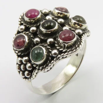 

Multicolor Cabochon Tourmaline Ethnic Ring # 10 Handmade Gift