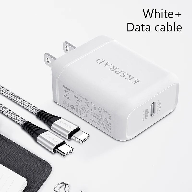 Eksprad для iphone быстрое зарядное устройство USB C к Lightning Кабель 18 Вт PD USB C настенное зарядное устройство Тип c Быстрая зарядка США Разъем для iphone 11 Pro - Тип штекера: White Charger Cable