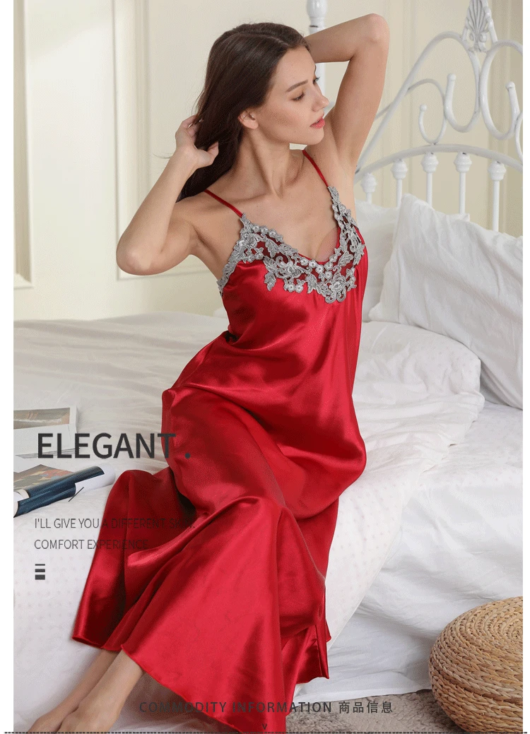 Шелковое вечернее платье атласное нижнее белье с кружевом Femme тонкая женская ночная одежда сексуальная Длинная Ночная рубашка Спагетти