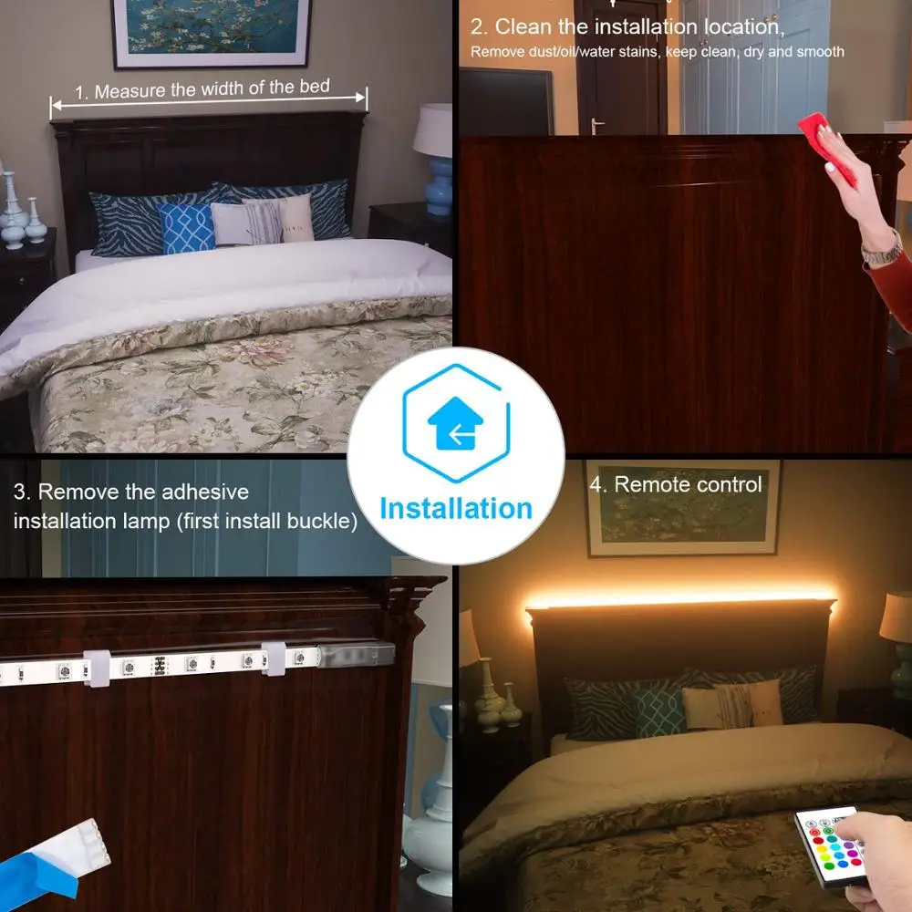 Bed Backlights, Led Night Light, 4.92ft Led Strip Lights with Switch Power Supply and Remote, 16 Colors Changing Strip Lights