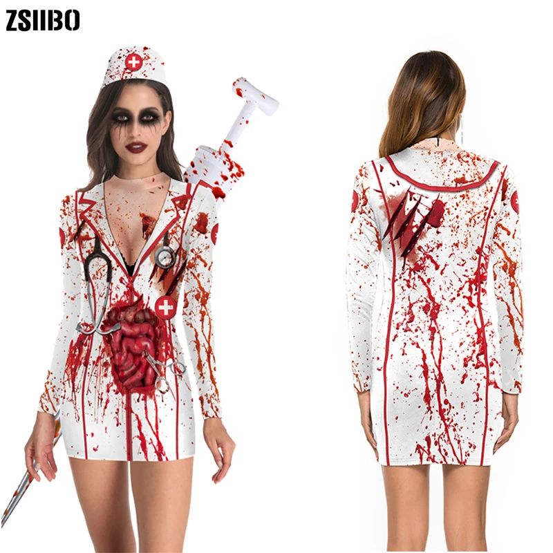 

Halloween costumes for women Bloody Nurse Role-play Dress for Women Halloween Scary Horror Cosplay Costumes Sexy Mini Dress