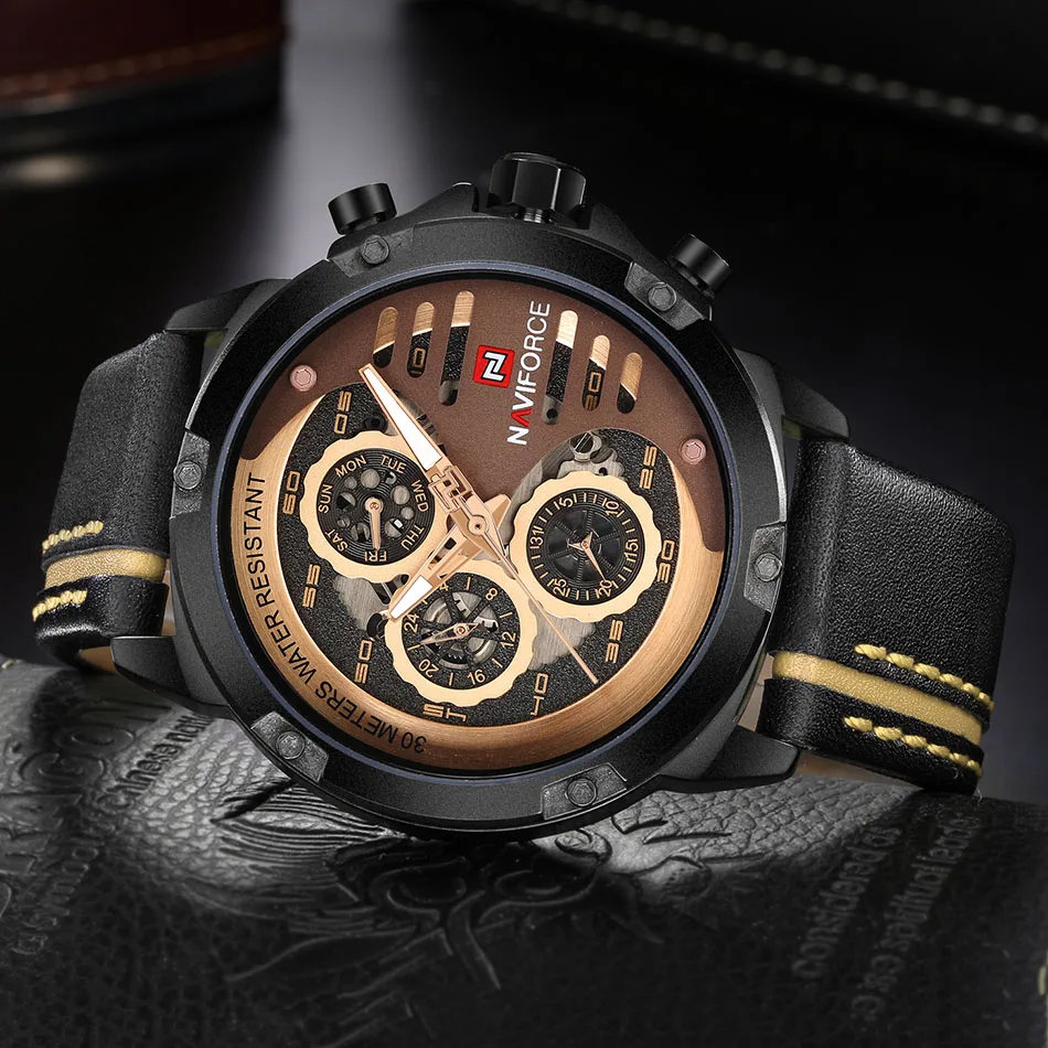 

NAVIFORCE Big Dial Men's Wristwatch Clock Quartz Army Military Watches Mens 2019 Leather Strap Luxury Man Watch Water Resistant