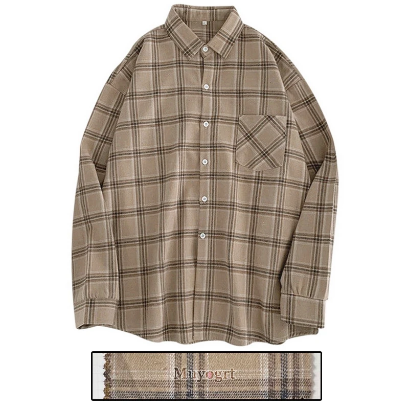 Muyogrt Women Shirt Plaid Oversized Brown Top Turn-down Collar Leisure Fashion Loose All-match Long Sleeves Soft Chic Korean Top