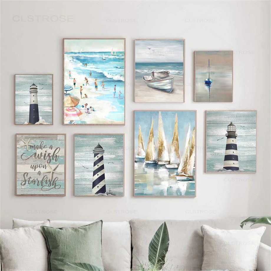 

Nordic Sailing Series Canvas Painting White and Blue Lighthouse Poster Home Decoration Wall Art Pictures for Liivng Room