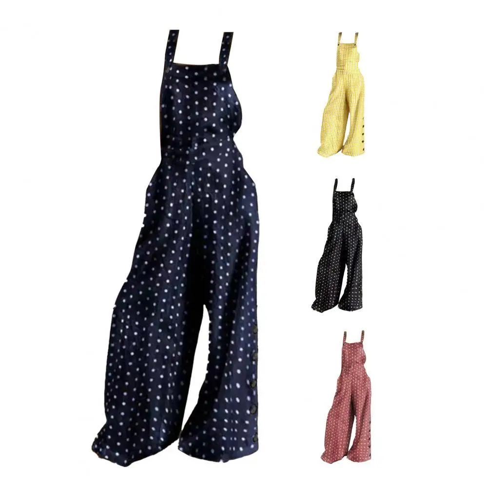 Women Suspender Jumpsuit Sleeveless Pockets Polka Dots Print Wide Leg Loose Playsuit Dungarees for Travel woman cotton linen suspender pants solid color loose bib straight leg jumpsuits vintage baggy overalls trousers pockets playsuit