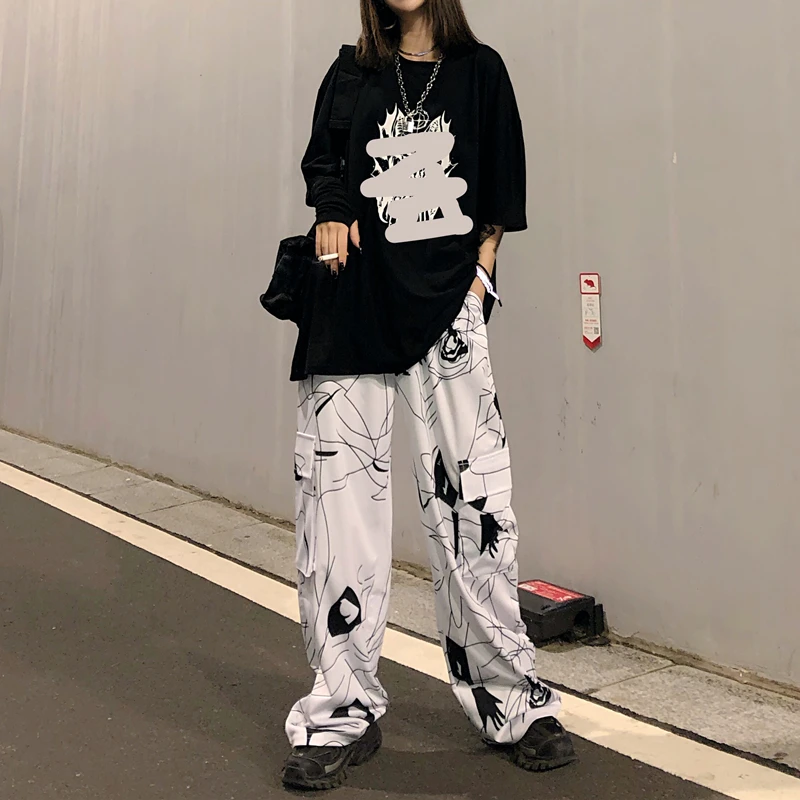 Harajuku уличная Женская одежда свободный принт модный бренд женские брюки bf Повседневный стиль белые свободные Капри с карманами новые женские