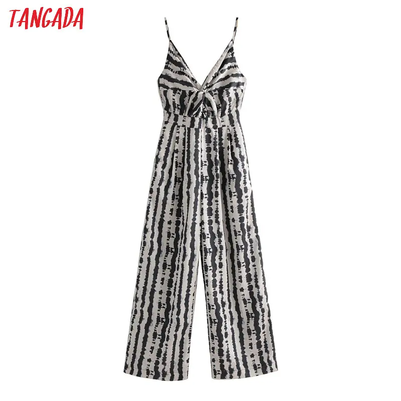 Tangada Women summer print long jumpsuit strap adjust pocket v neck bow female casual Jumpsuit 1F116 Tangada Women summer print long jumpsuit strap adjust pocket v neck bow female casual Jumpsuit 1F116