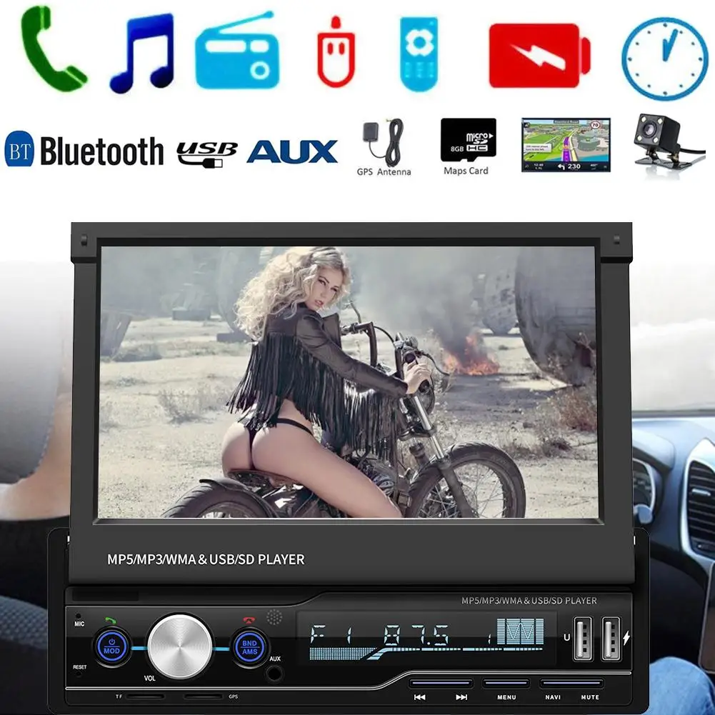 

7" 1 DIN Touch Screen Car Black MP5 Player GPS Sat NAV Bluetooth Stereo Retractable ABS Metal Radio Camera Radio Android