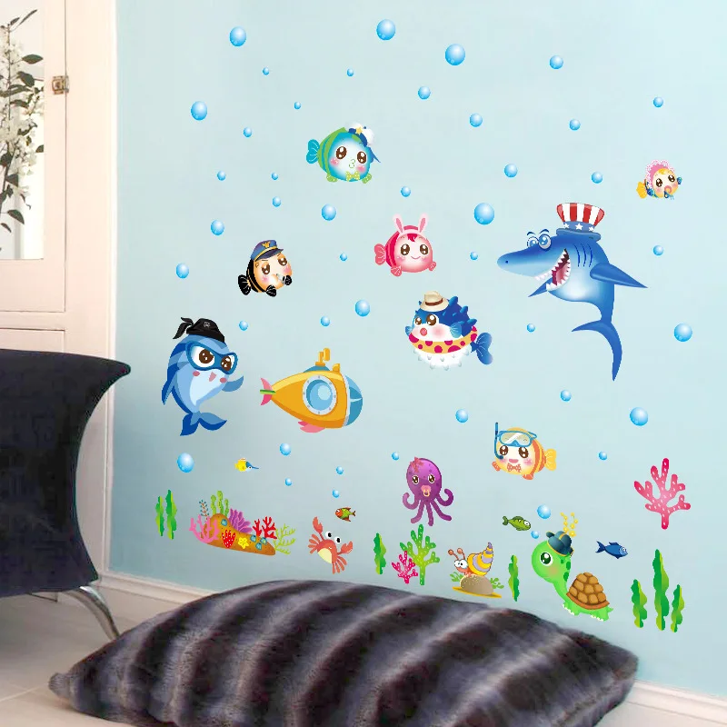 Blue Sea Fish Bubble Wall Sticker Cartoon For Kids Rooms Bathroom Home Decoration murals