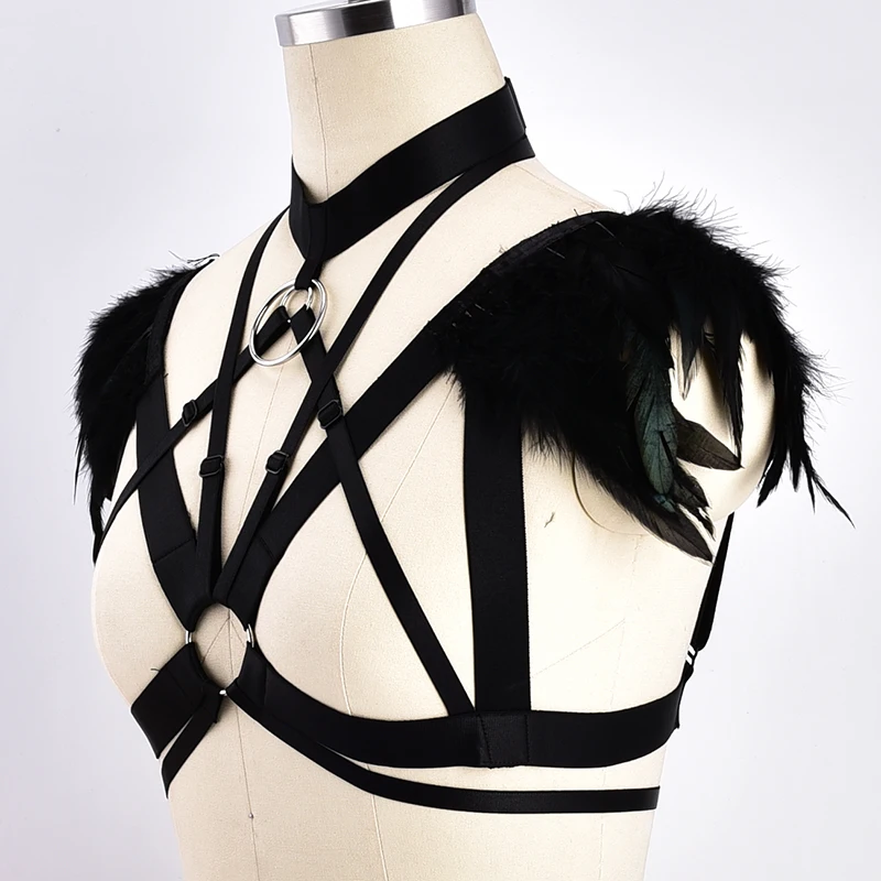 Pastel Goth Wedding Wings Feather Bra Sexy Body Harness  Epaulettes Feather Dress Fetish Festival Rave Wear Crop Top Body Cage