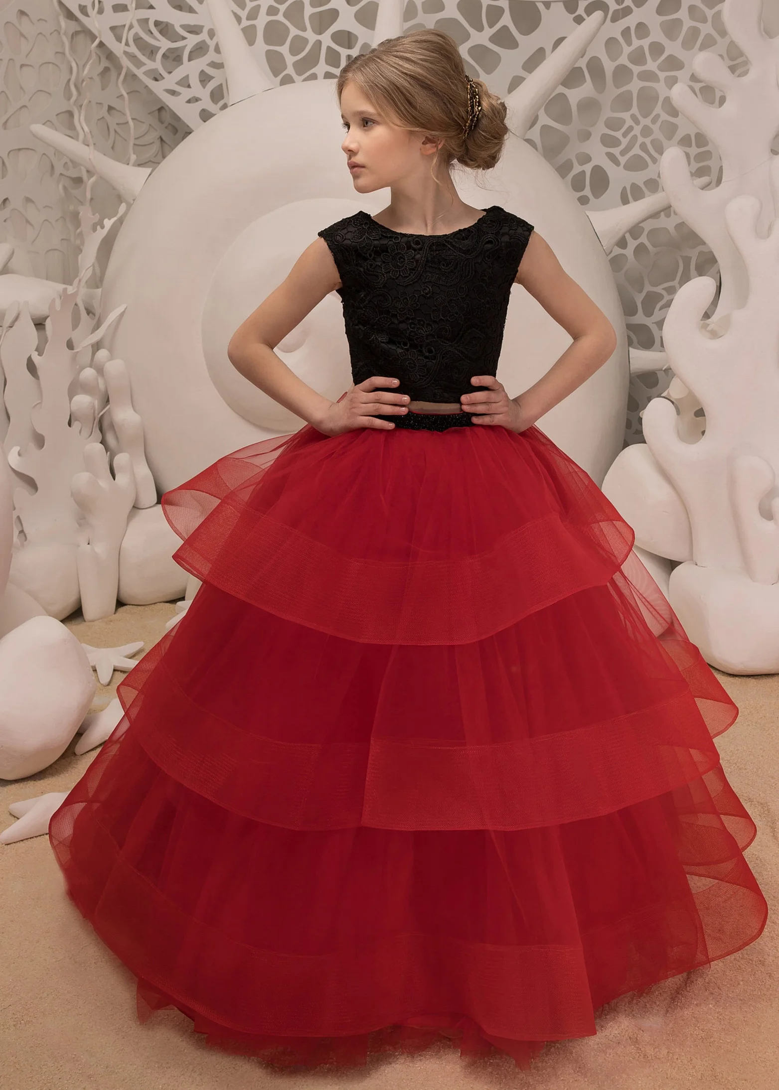 Черное Кружевное Тюлевое платье с цветочным узором для девочек свадебное праздничное платье для маленьких девочек