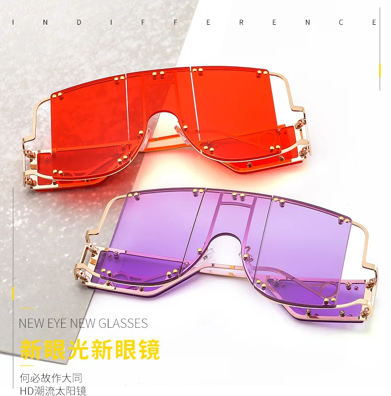 Негабаритные панк металлические солнцезащитные очки для женщин новая большая рамка заклепки солнцезащитные очки для мужчин уникальные полые цельные FML