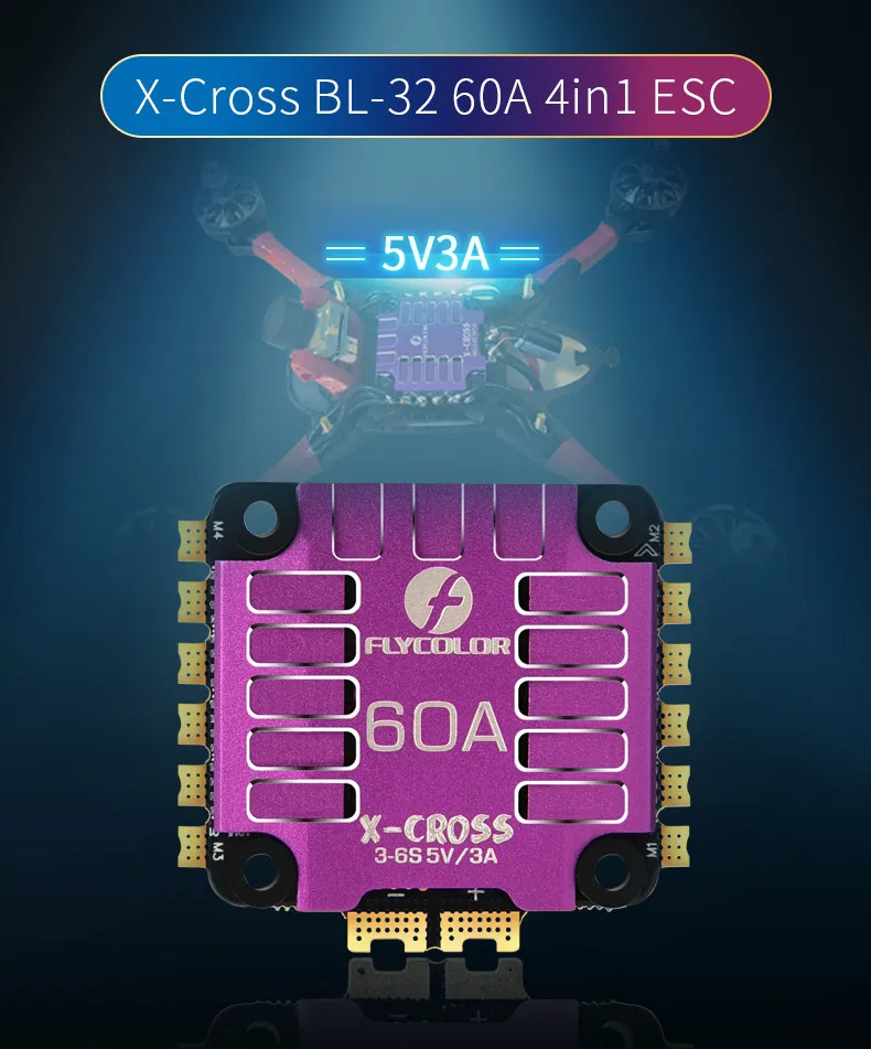 Flycolor X-Cross 60A BLheli_32 3-6S 4в1 бесщеточный ESC 5 в BEC электронный регулятор скорости для радиоуправляемого дрона FPV Racing