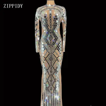 

Shining Silver Sequins Crystals Long Dress Women Stage Dance Transparent Mess Mirrors Bodysuit See Through Outfit YOUDU