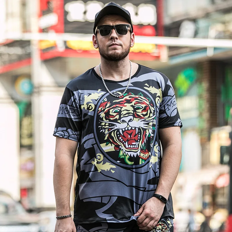 

Summer large size men's short-sleeved t-shirt fat domineering tiger head print half-sleeved male increase
